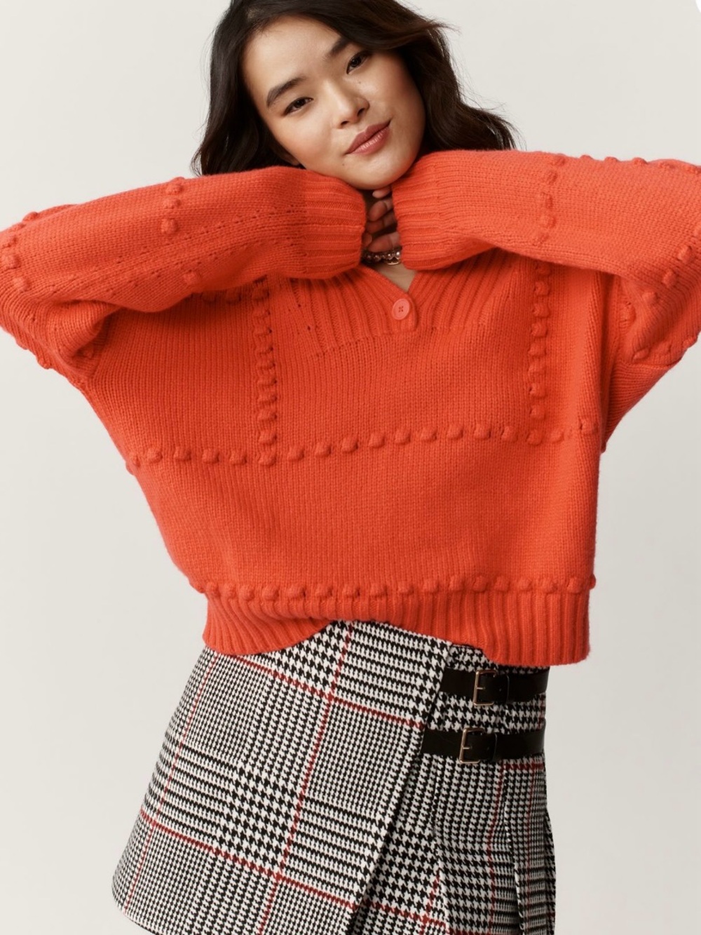 Anthropologie Maeve Bright Orange V-Neck Chunky Knit Sweater